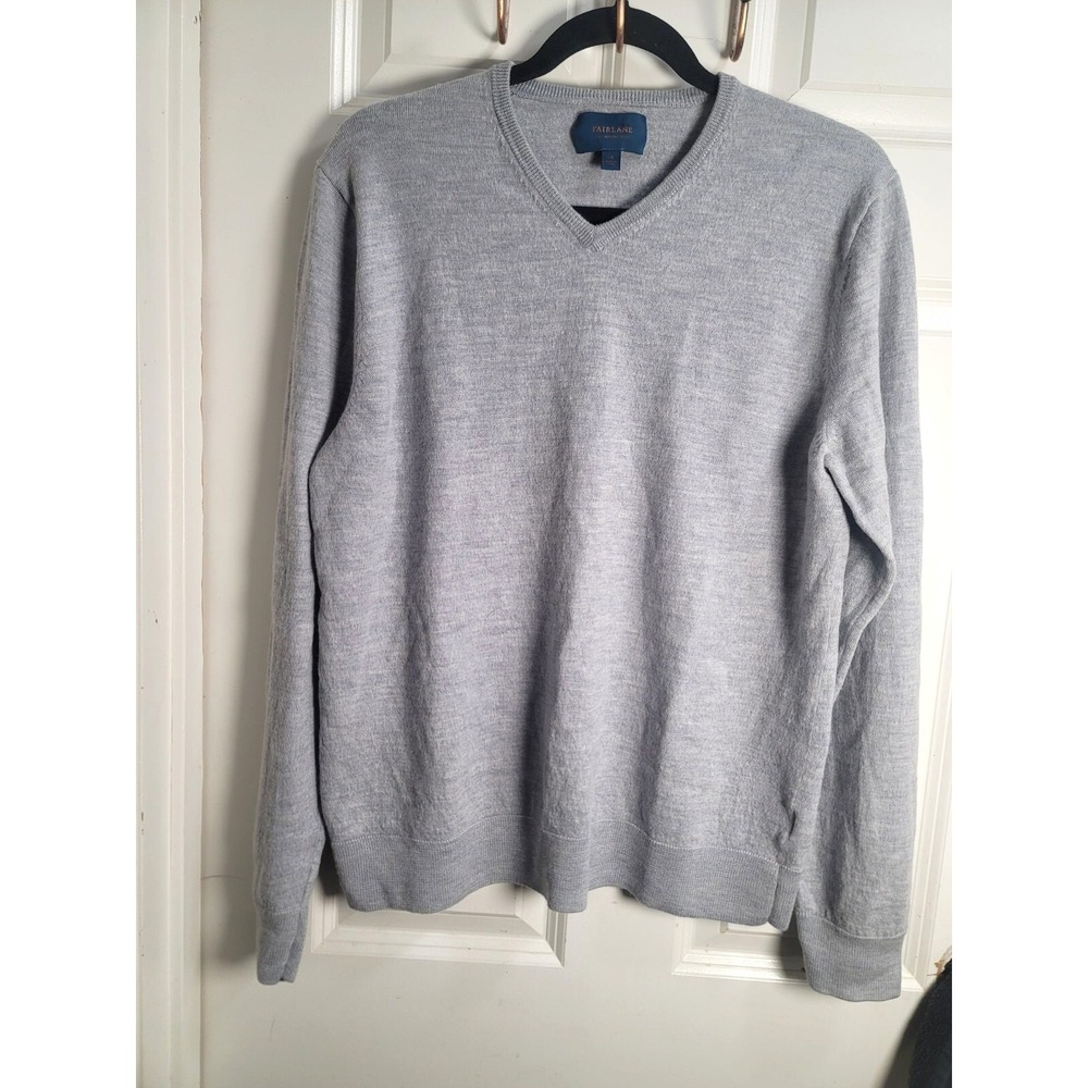 Fairlane Men's V-Neck Pullover Sweater‎ Gray Size XL 100% Merino Wool